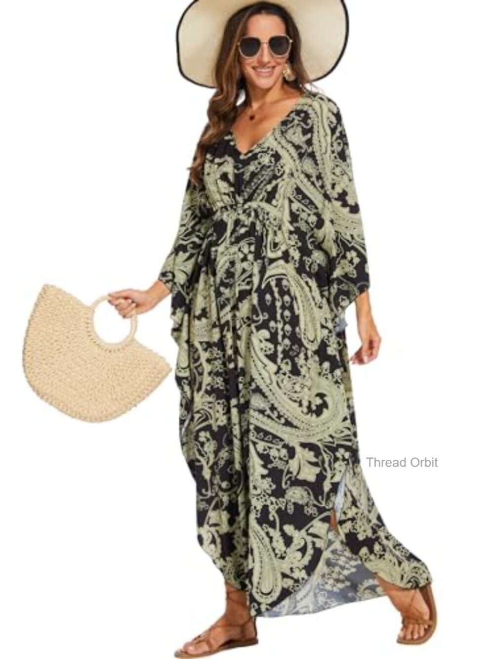 Kaftan Dress Swim Cover Up Maxi Caftan 100% Viscose Batwing Sleeve